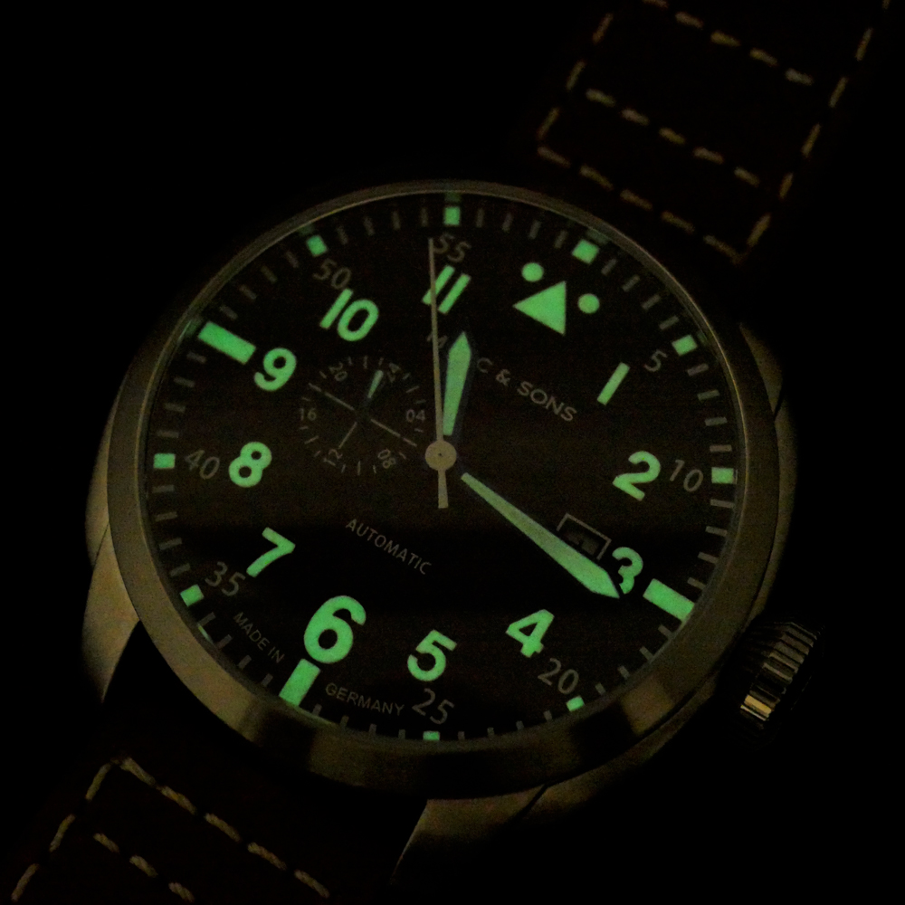 Marc & Sons Classic Black Professional Automatic Pilot Men's Watch 46mm 10ATM Black Dial/Brown Band